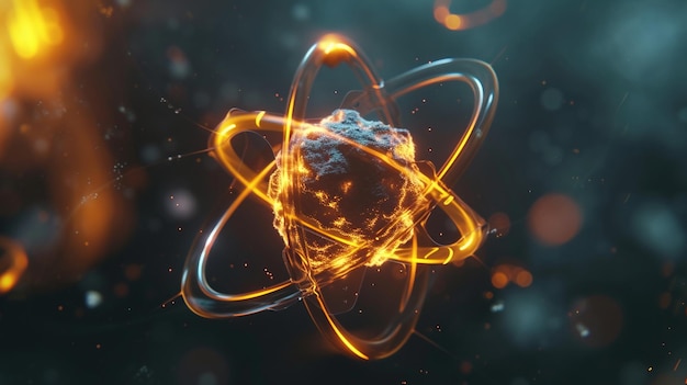 Concepto de una imagen de primer plano de un modelo atómico para la energía nuclear Fondo de color Scifi IA generativa