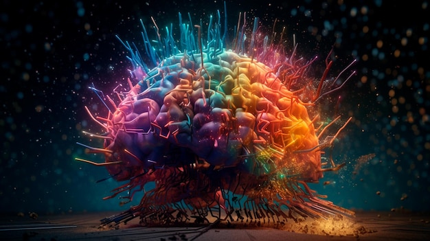 Concepto de imaginación cerebral Explosión de coloridas piezas de cristal de neón en forma de cerebro humano con estrellas brillantes y galaxias con rayos de luz de arco iris coloridos y IA generativa geométrica voladora