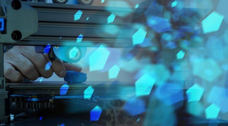 Foto concepto de impresión 3d con una mano quitando la impresión de la máquina fotomontaje en tonos de azul