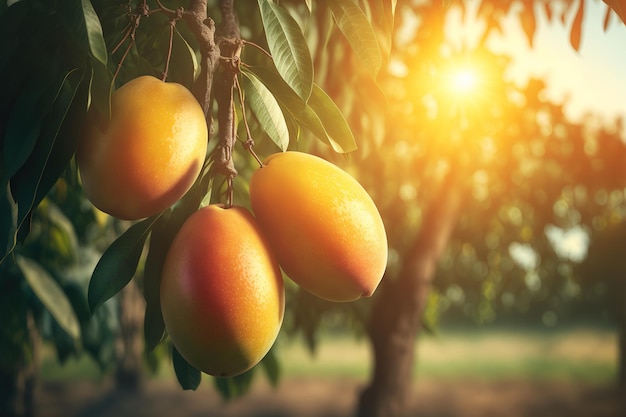 Concepto de industria agrícola cerca de mangos colgando en una plantación de mango con luz solar