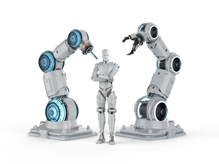 Foto concepto de industria de automatización con brazos de robot de renderizado 3d y cyborg