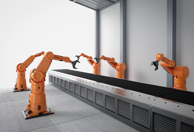 Concepto de la industria de la automatización con línea de ensamblaje de robots en la fábrica