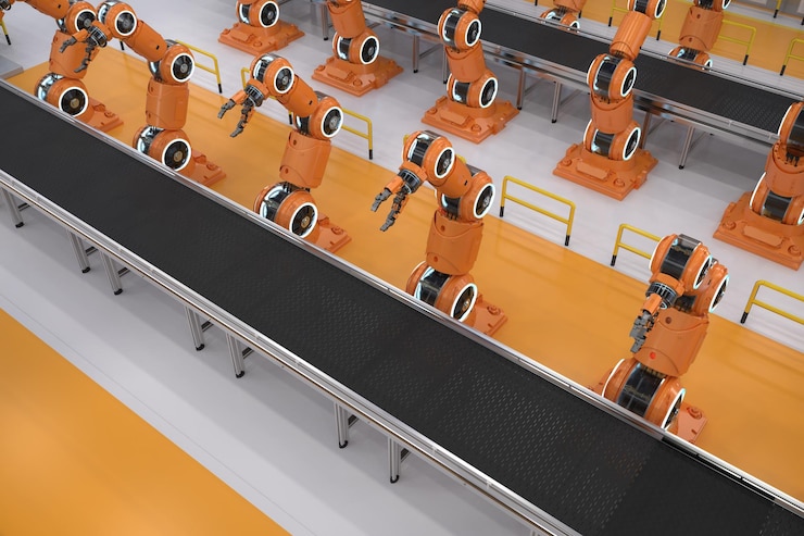 Foto concepto de industria de automatización con línea de montaje de robot de renderizado 3d con cinta transportadora vacía