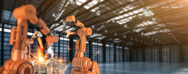 Concepto de industria de automatización con línea de montaje de robot de renderizado 3D en fábrica
