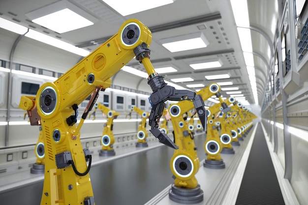Concepto de industria de automatización con línea de montaje de robot de renderizado 3d en fábrica