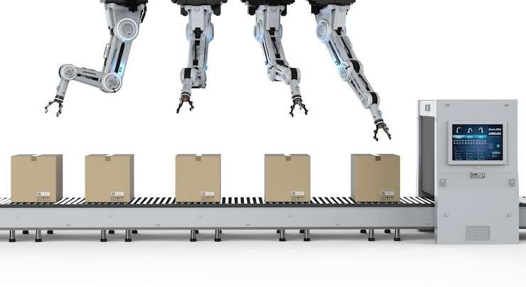 Foto concepto de industria de automatización con línea de montaje de robot de renderizado 3d en fábrica