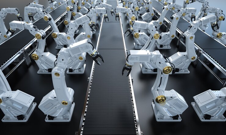 Foto concepto de industria de automatización con línea de montaje de robot de renderizado 3d en fábrica