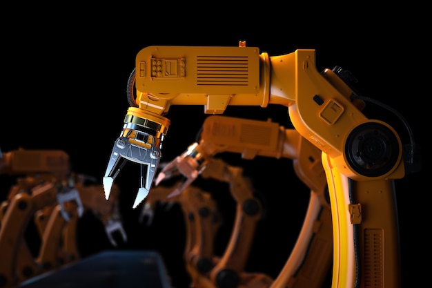 Concepto de industria de automatización con línea de montaje de robot de renderizado 3d en fábrica