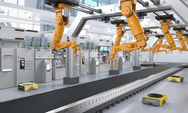 Concepto de industria de automatización con línea de montaje de robots en fábrica