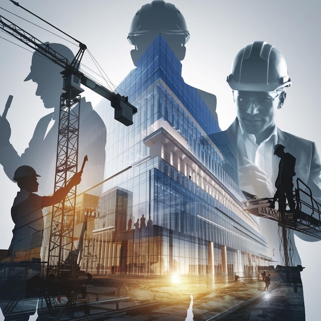 Concepto de la industria de la construcción con ingenieros y edificios modernos