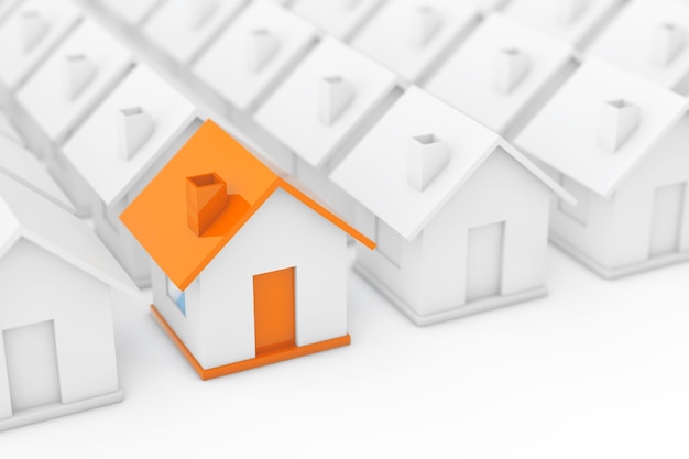 Concepto de industria inmobiliaria. Casa naranja entre casas blancas sobre un fondo blanco. Representación 3D