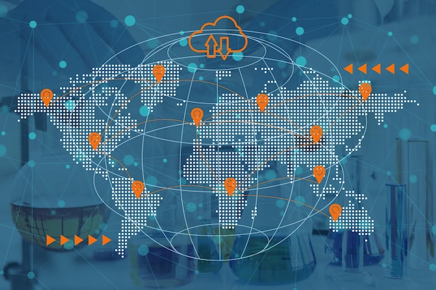 Concepto de la industria logística y de envío en todo el mundo Mapa mundial con punto de destino para la importación y exportación