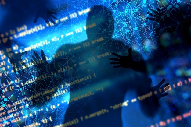 El concepto de inestabilidad en las redes informáticas Sombra de un ladrón con antecedentes binarios o digitales que roba información en la red