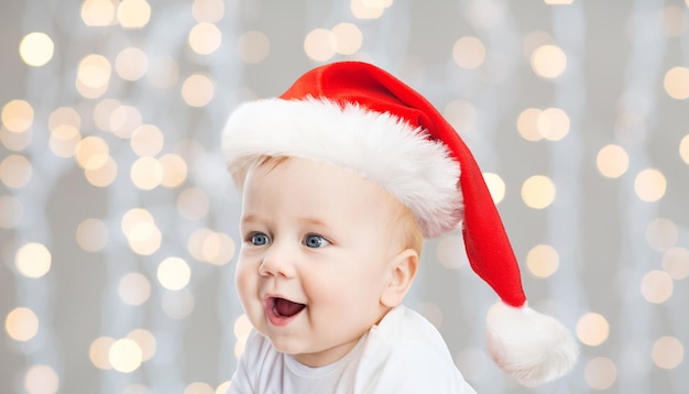 concepto de infancia, navidad, vacaciones y personas - hermoso niñito con sombrero de santa navideños sobre fondo de luces azules