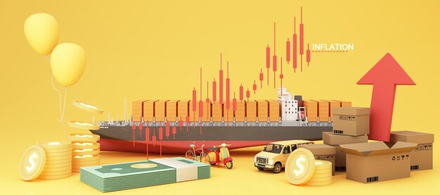 El concepto de inflación está aumentando afectando el comercio internacional y el negocio de transporte en el fondo amarillo y rojo y el transporte de los alrededores y cartón renderización 3d