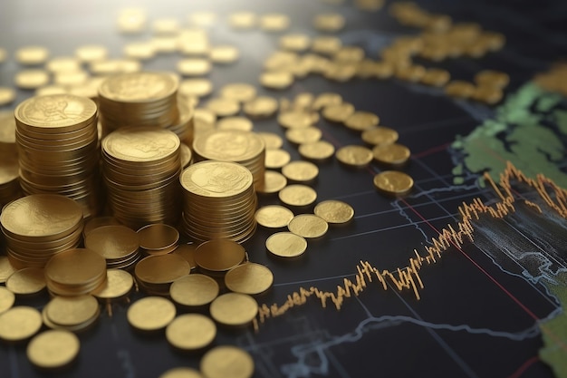 Concepto de inflación con pila de monedas de oro y gráfico descendente y gráfico con IA generativa de luz solar