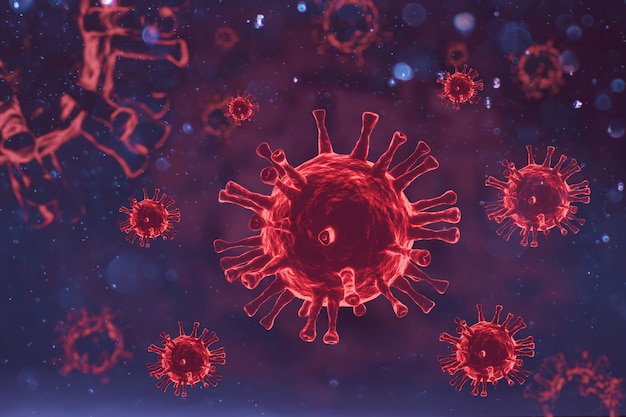 Concepto de influenza coronavirus COVID-19 sobre fondo rojo. Representación 3D.