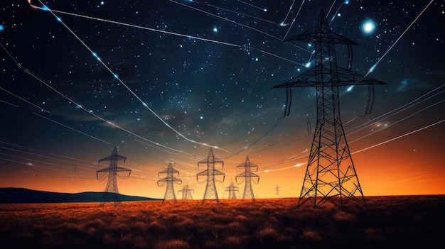 Concepto de infraestructura energética Torres de transmisión con cables naranjas luminosos contra un fondo de noche estrellada