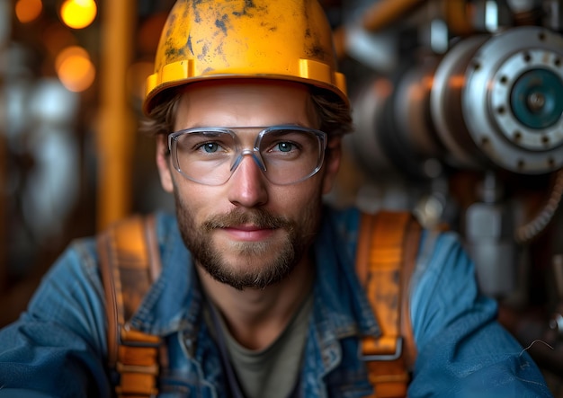 Concepto de ingeniería civil y mecánica El ingeniero que usa casco trabajando en una fábrica