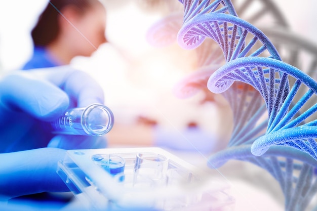 Concepto de ingeniería genética. Pruebas genéticas. Farmacia. Medicina regenerativa en un laboratorio.