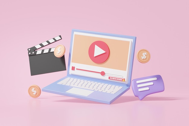 Concepto de ingresos pasivos Redes sociales creativas móvil moderno reproducción de video ganar dinero video marketing monedas banner copia espacio 3d render ilustración