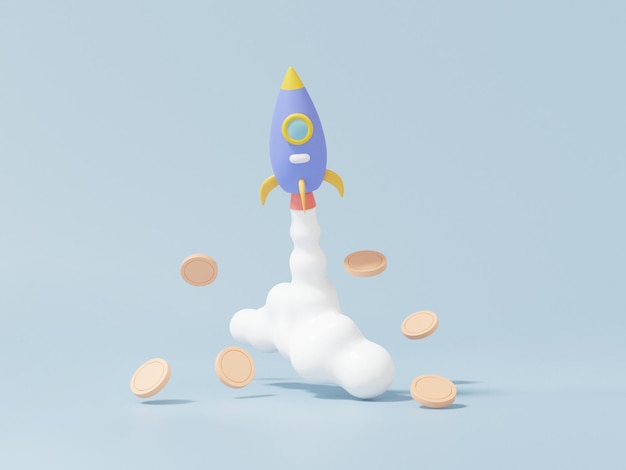 Foto concepto de inicio de inversión empresarial cohete de nave espacial arrojando humo y monedas flotando innovación futura sobre fondo azul cielo dibujos animados mínimo lindo suave 3d render ilustración