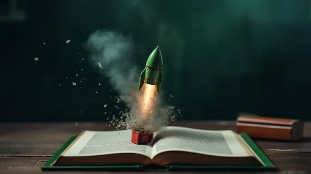 Concepto de inicio Lanzamiento de cohete de un libro sobre una mesa de madera generativa ai