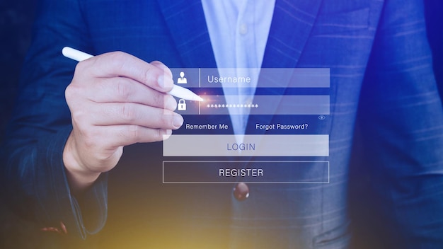 Concepto de inicio de sesión en línea de seguridad cibernética y contraseña de seguridad Manos escribiendo e ingresando el nombre de usuario y la contraseña del inicio de sesión de las redes sociales con el hacker de protección de datos de la cuenta bancaria en línea