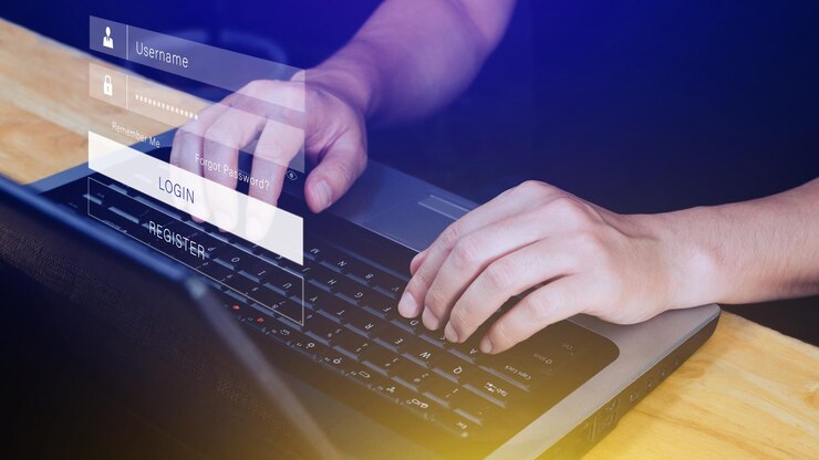 Foto concepto de inicio de sesión en línea de seguridad cibernética y contraseña de seguridad manos escribiendo e ingresando el nombre de usuario y la contraseña del inicio de sesión de las redes sociales con el hacker de protección de datos de la cuenta bancaria en línea