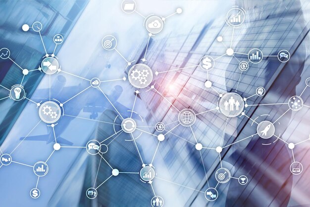 Concepto de innovación de automatización de diagrama de flujo de trabajo industrial de estructura de proceso de negocio en medios mixtos de pantalla virtual