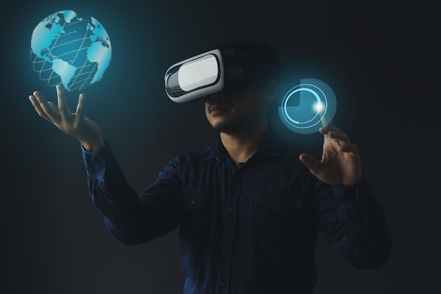 Foto concepto de innovación futura invención tecnológica juventud usando vr headset abriendo experiencia moderna