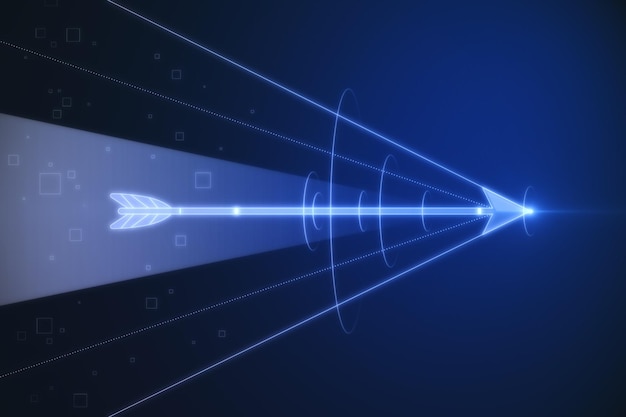 Concepto de innovación y tecnología de velocidad con una flecha voladora digital brillante que deja un rastro de líneas en la representación 3D de fondo oscuro abstracto