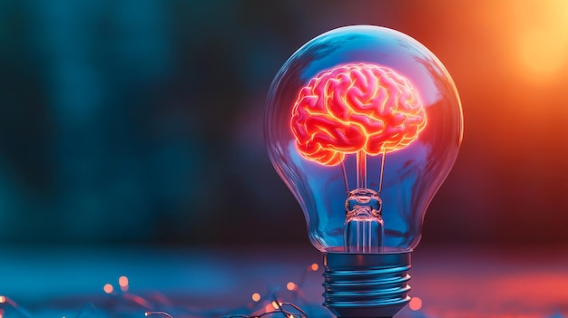 Concepto innovador de una bombilla que representa el pensamiento creativo con un cerebro en el interior que simboliza ideas e inteligencia en un fondo colorido