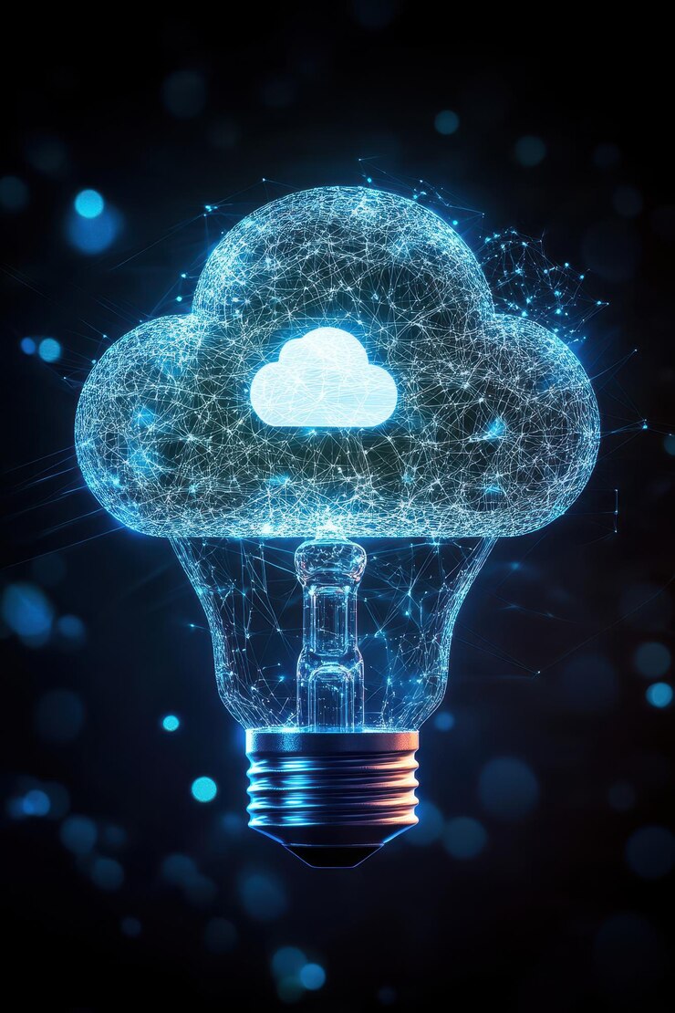 Foto concepto innovador de computación en la nube con conexiones de bombilla y red digital