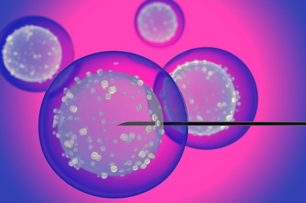 Concepto de inseminación artificial Jeringa penetrando en la celda sobre un fondo rojo 3D Render