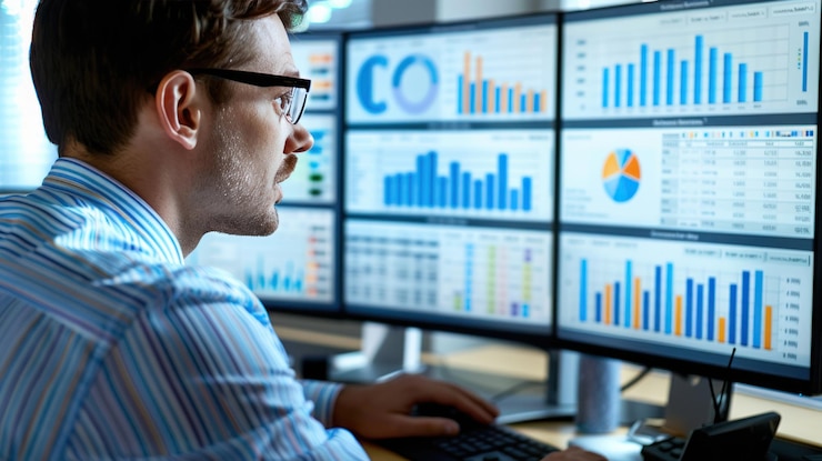 Un concepto integrado de sistema de gestión de datos DMS y análisis de negocios Empresario que proporciona información para los indicadores clave de rendimiento KPI y análisis de marketing en un virtual