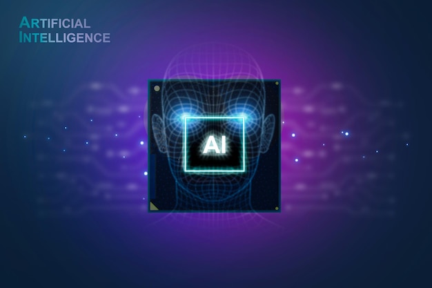 Concepto de inteligencia artificial AI Primer plano de microprocesador con circuito electrónico e interfaz de cara robótica en fondo oscuro Tecnologías innovadoras futuristas Representación 3D