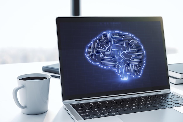Concepto de Inteligencia Artificial Creativa con boceto del cerebro humano en el monitor de una computadora portátil moderna Renderización 3D