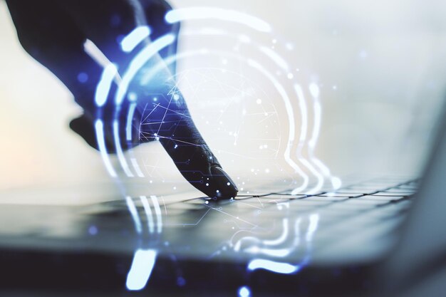 Concepto de inteligencia artificial creativa con holograma de cabeza humana y manos escribiendo en la computadora portátil en el fondo Multiexposición