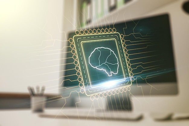 Concepto de inteligencia artificial creativa con holograma de cerebro humano y escritorio moderno con computadora en segundo plano Multiexposición