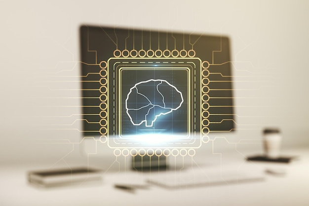 Foto concepto de inteligencia artificial creativa con holograma del cerebro humano en el fondo de una computadora portátil moderna multiexposición