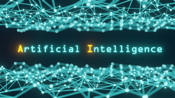 Foto concepto de inteligencia artificial, con las palabras inteligencia artificial, un tono azul, compuesto por líneas y puntos que forman una red en ciencia y tecnología - renderizado 3d.