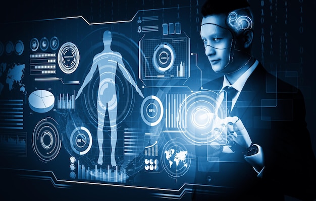 El concepto de inteligencia artificial del robot droide de la IA futurista de Xai