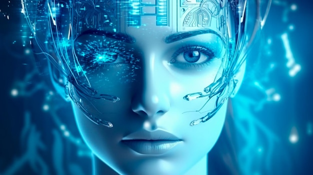 Concepto de inteligencia artificial Rostro humano en colores azules Ilustrador de IA generativa