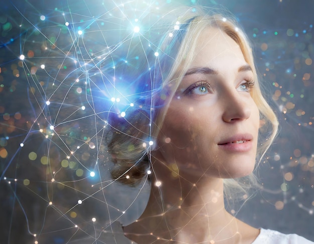 Concepto de inteligencia artificial y tecnología futura personas doble exposición
