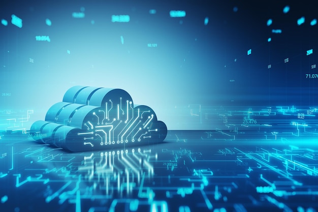Concepto de intercambio y almacenamiento de datos de información de computación en la nube con símbolo de nube digital 3D con esquema de circuito en la representación 3D de fondo tecnológico de matriz azul oscuro abstracto