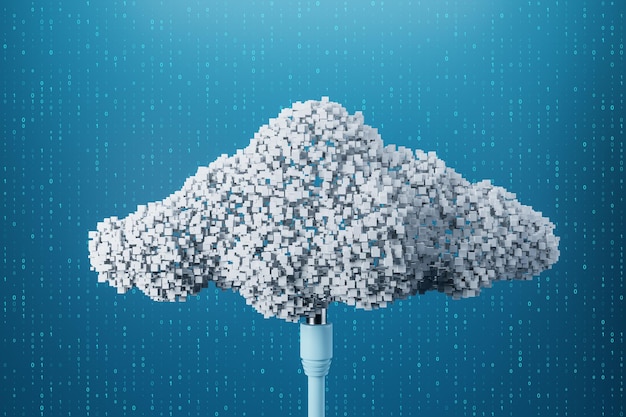 Concepto de intercambio de información y computación en la nube con cable azul conectado a la nube pixelada blanca en la pared azul con renderizado 3D de fondo de código binario