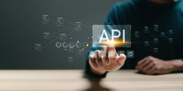 Concepto de interfaz de API de programación de aplicaciones Tocar al hombre con el icono de la pantalla virtual API herramienta de desarrollo de software