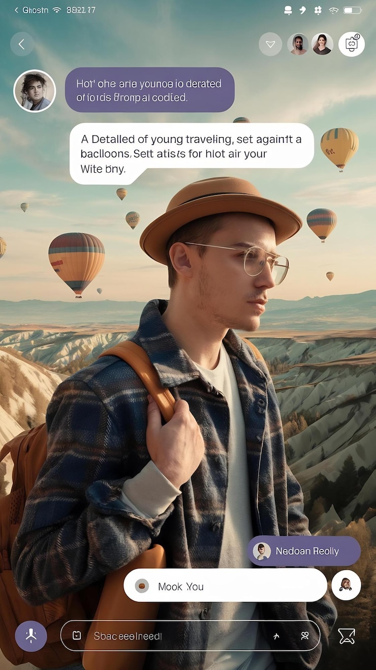 Foto concepto de interfaz de chatbot de ia generado a partir de un detalle de un joven que viaja set agai