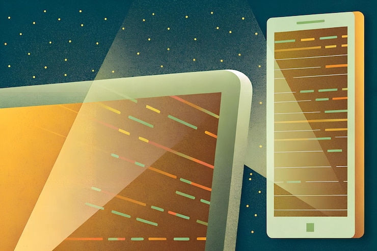 Foto concepto de interfaz digital tablet y teléfono inteligente con flujos de datos